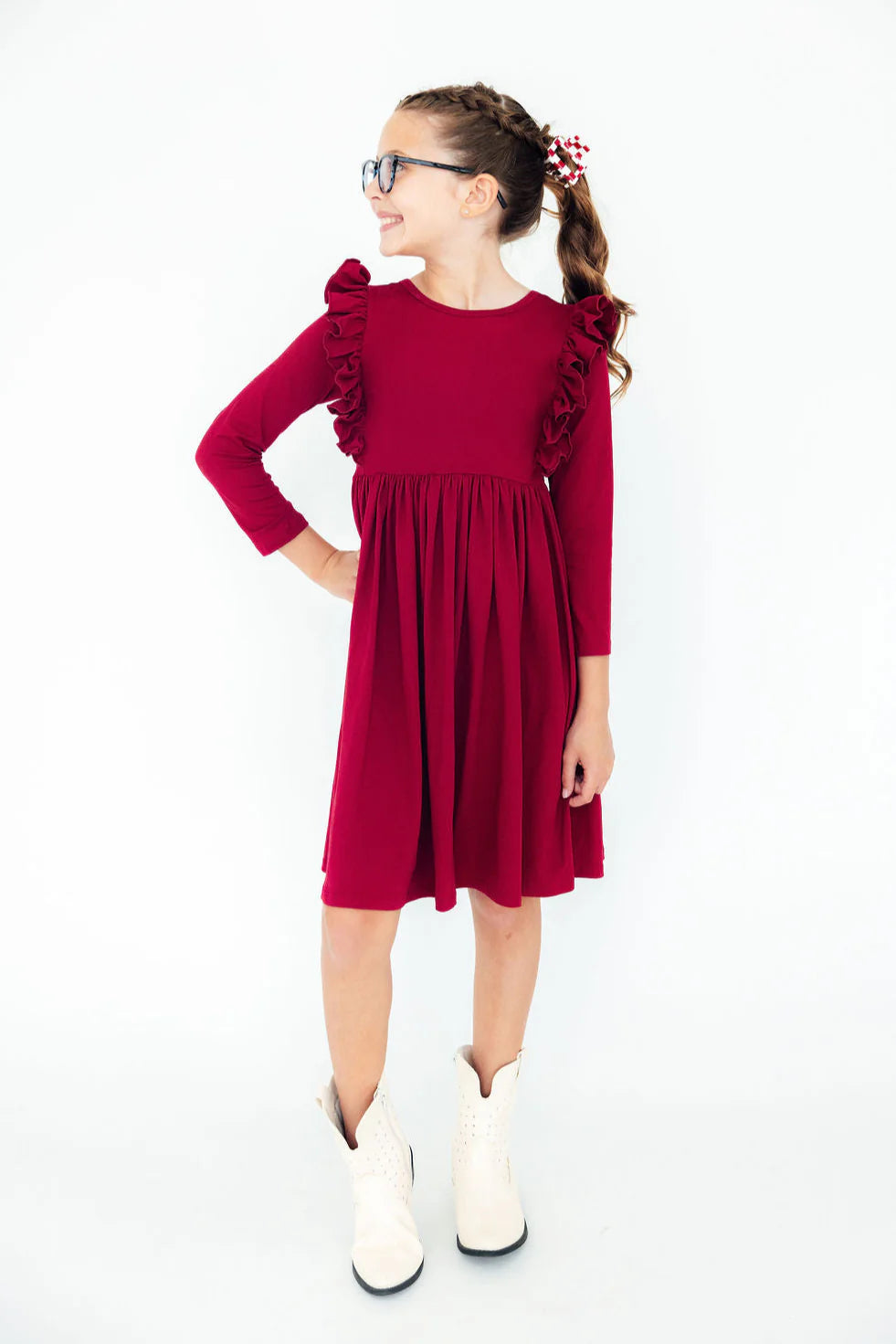 Deep Red L/S Ruffle Dress