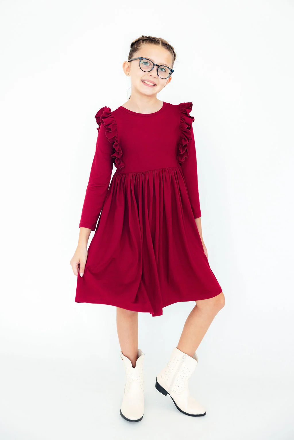 Deep Red L/S Ruffle Dress